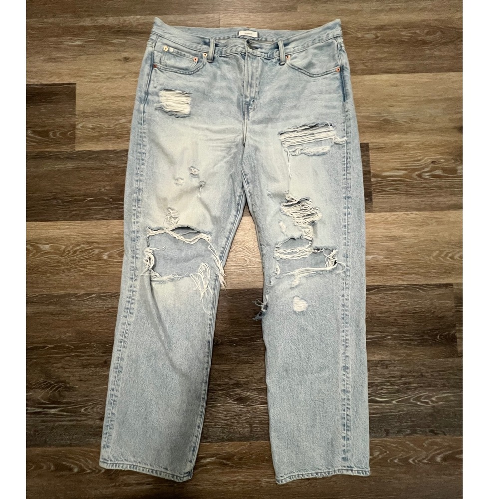 American Eagle Slouchy Jeans Women 14 Light Blue Distressed Ripped Straight Leg
